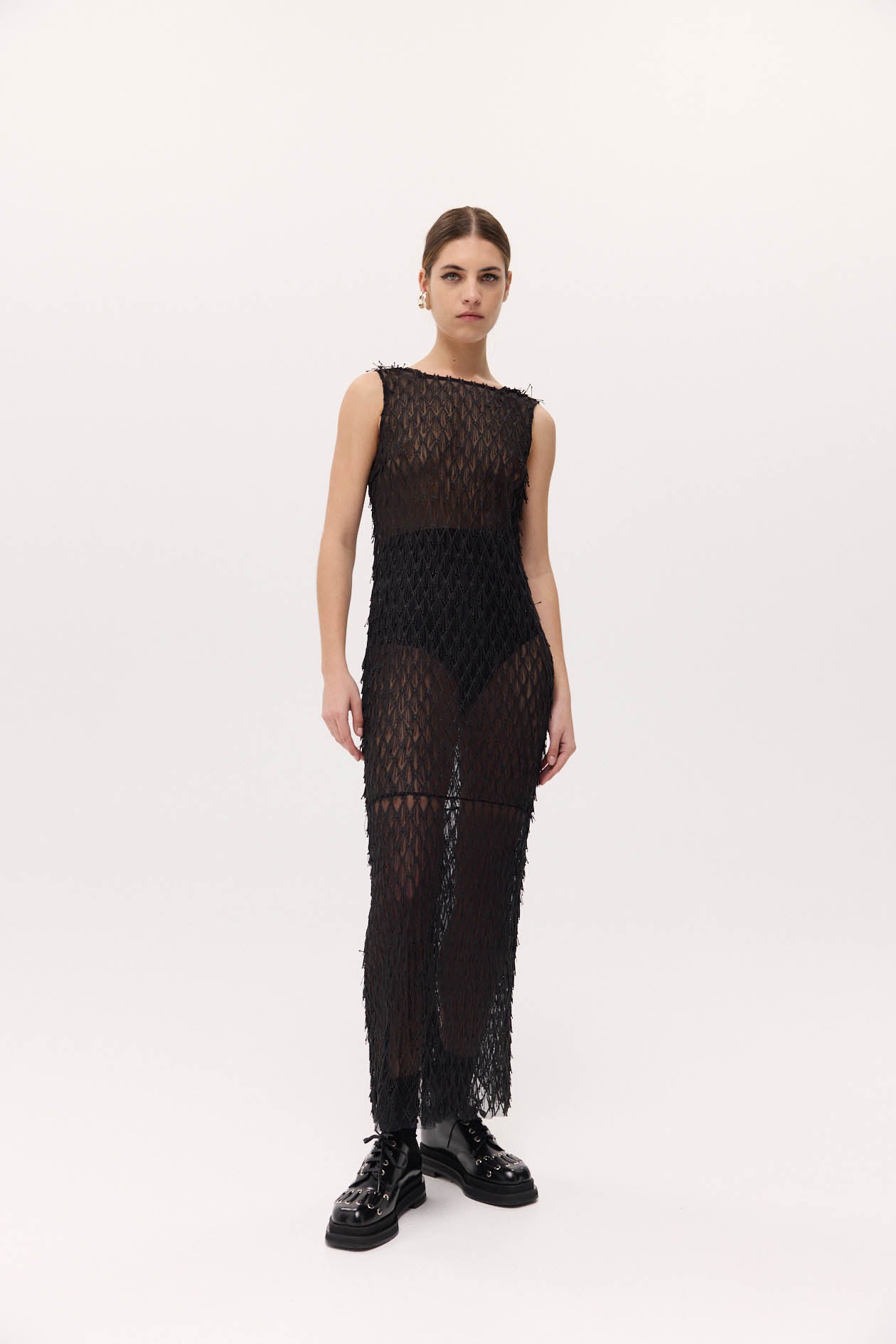 Mira Lace Dress in Mesh Fringe