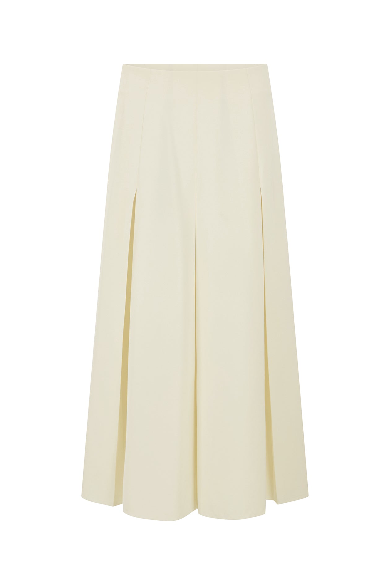 A cream-colored, high-waisted A-line midi skirt with subtle vertical pleats, shown against a plain white background.