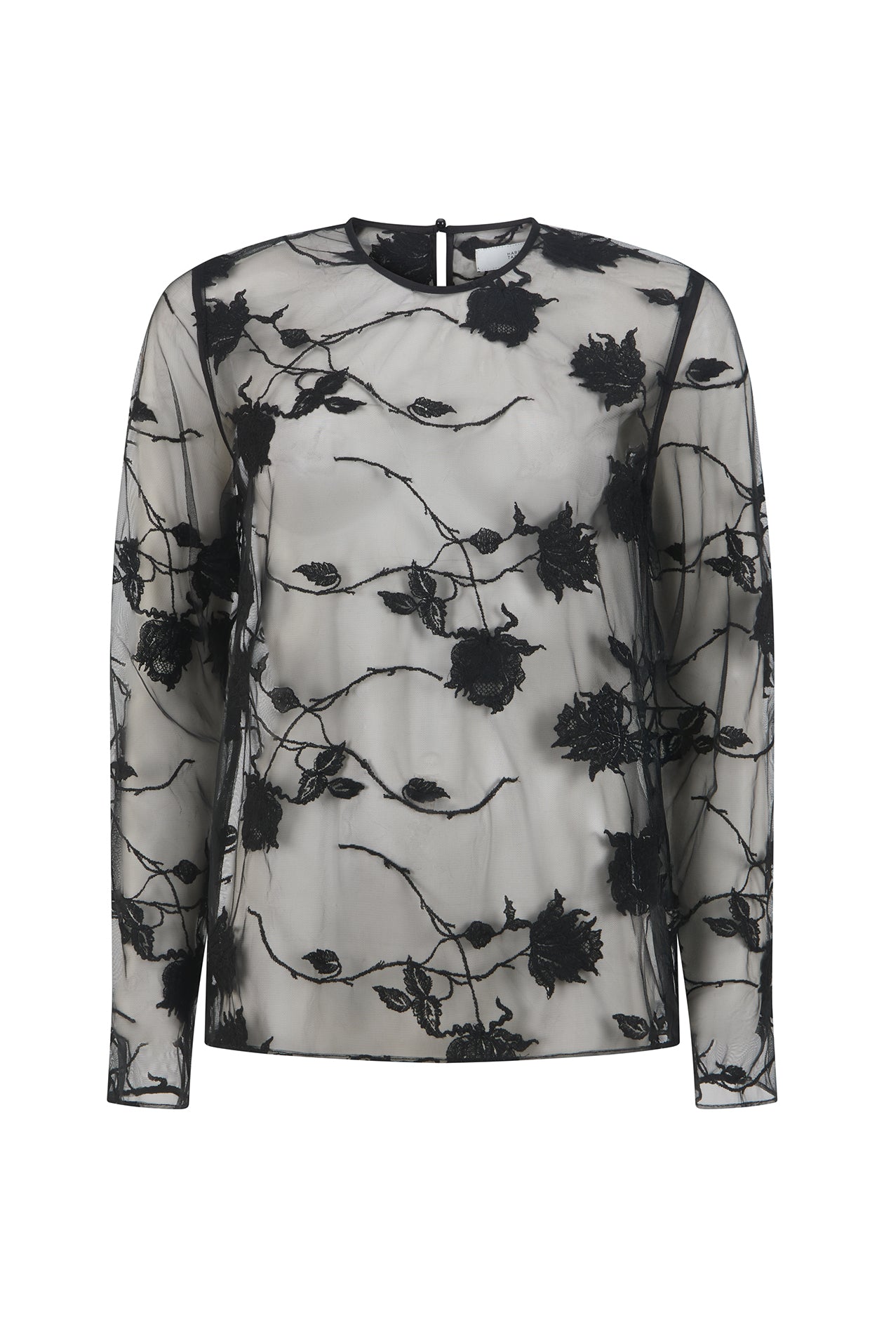 A sheer long-sleeve top in light gray mesh with a black floral and vine pattern, shown against a plain white background.